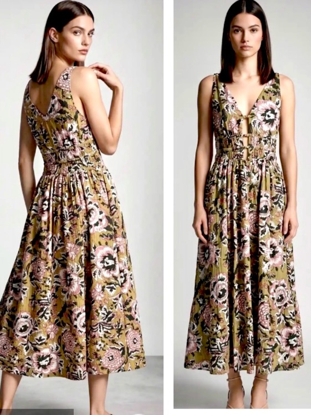 Caroline Constas Midi floral sundress olive dark green pink white size L - Picture 5 of 15